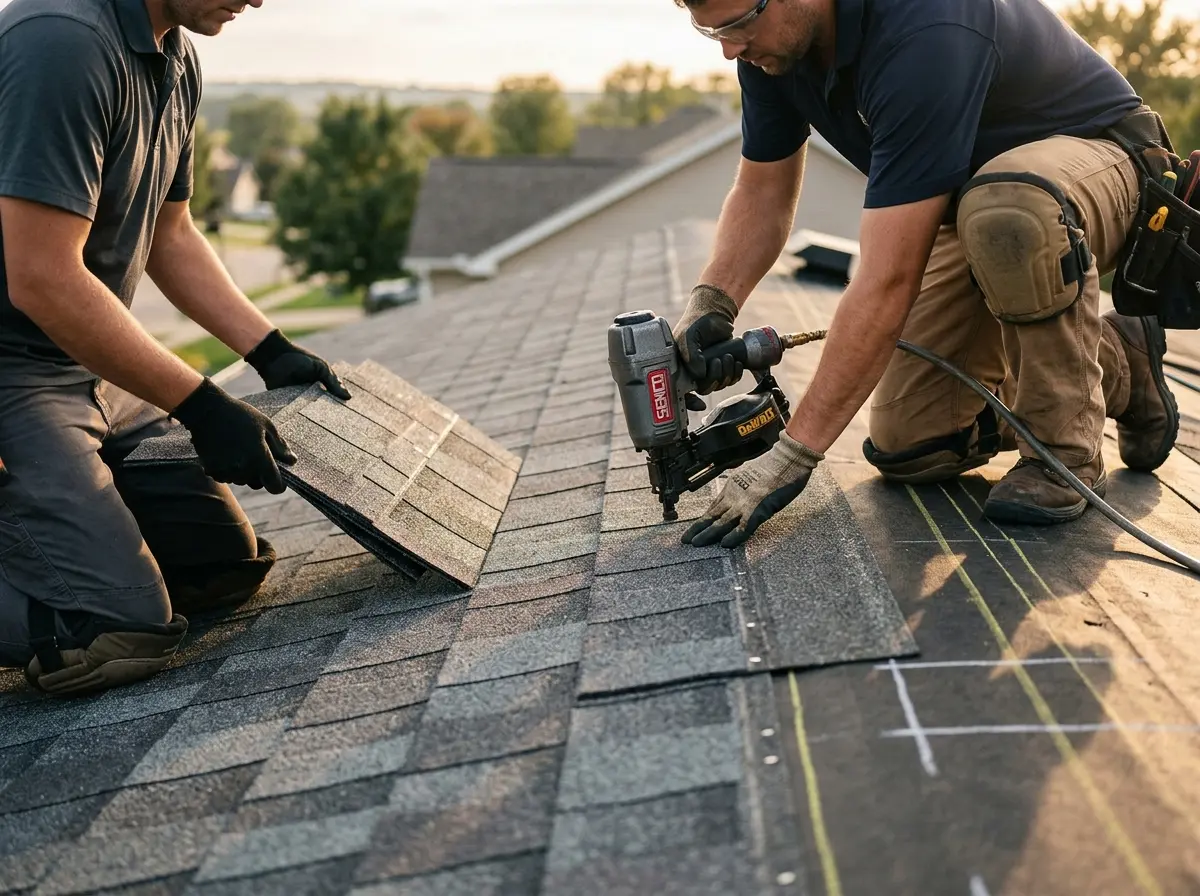 Professional roofer working on a residential roof in North Valley